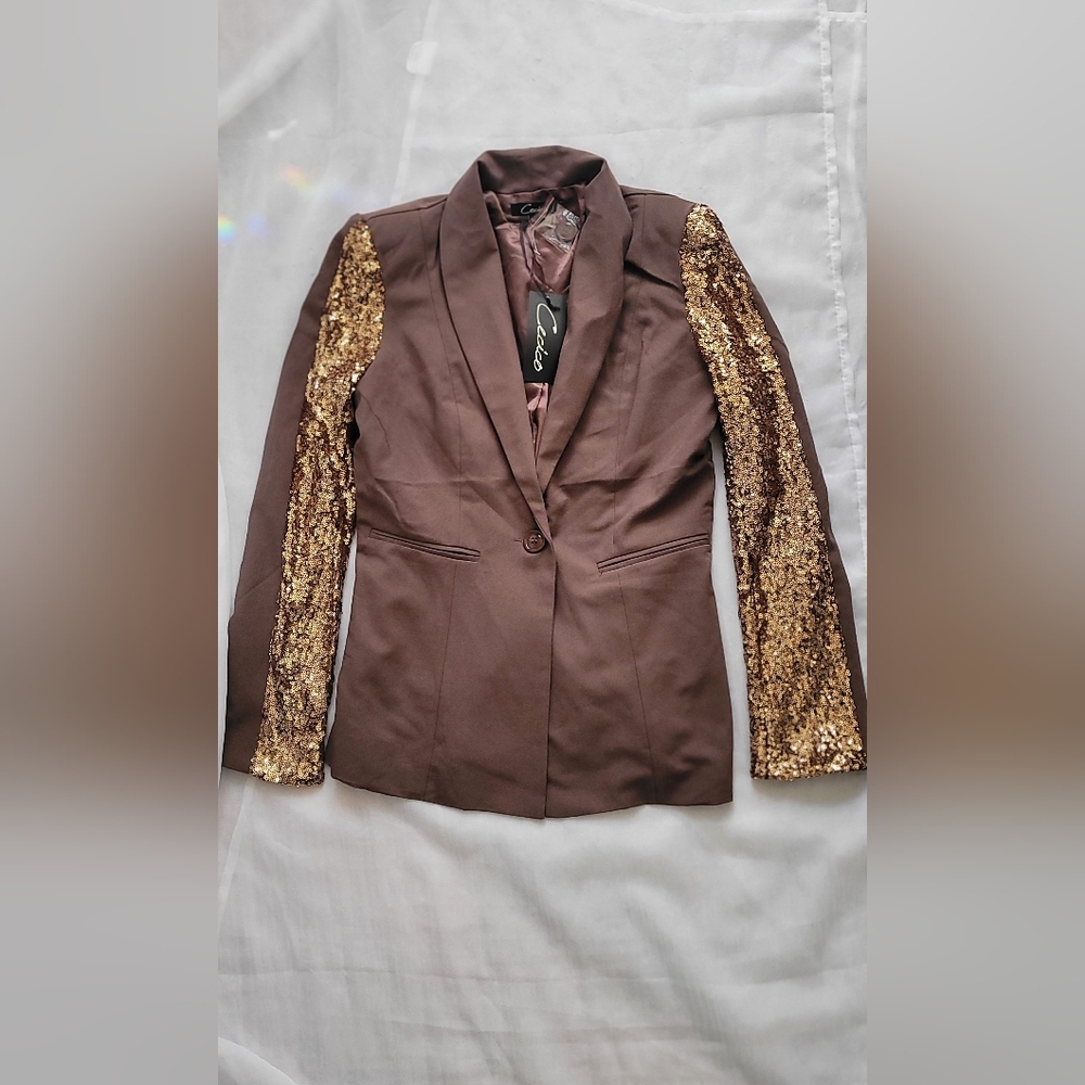 NWT! Sequin Chocolate Lined Formal Blazer Women's Summer Office Jacket Medium